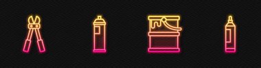 Boya kovası, cıvata kesici, sprey kutu ve tükenmez kalem. Parlayan neon ikonu. Vektör
