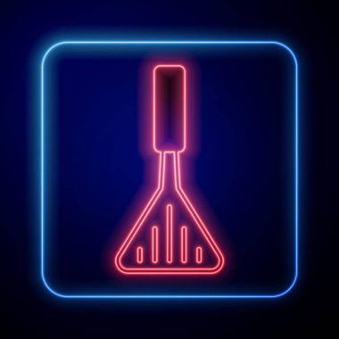 Parlayan neon barbekü spatula simgesi siyah arkaplanda izole edildi. Mutfak spatula ikonu. Barbekü spatula işareti. Barbekü ve ızgara aleti. Vektör.