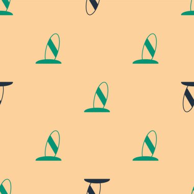 Yeşil ve siyah sörf tahtası simgesi bej arka planda izole edilmiş pürüzsüz desen. Sörf tahtası. Olağanüstü bir spor. Spor malzemeleri. Vektör.