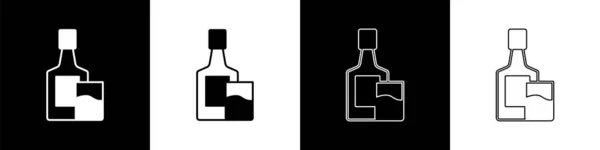 Set Whiskey Flasche Und Glas Symbol Isoliert Auf Schwarz Weißem — Stockvektor