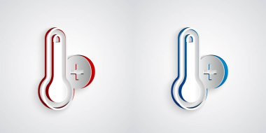 Kağıt kesiği Meteoroloji termometresi ısı ve soğuk ikonu gri arka planda izole ediyor. Termometre termometresi sıcak ya da soğuk hava gösteriyor. Kağıt sanatı tarzı. Vektör.