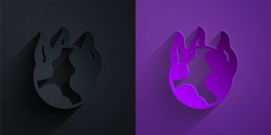 Kağıt, mor arka planda siyah üzerine izole Küresel Isınma ateş ikonu kesti. Kağıt sanatı tarzı. Vektör.