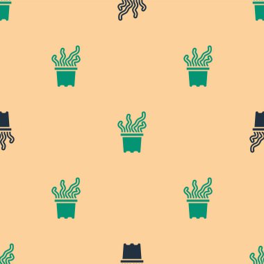 Esrar ikonundaki yeşil ve siyah tropikal bitkiler bej arka plandaki kusursuz deseni izole ettiler. Vektör.