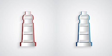 Kağıt kesiği, gri arkaplanda izole edilmiş deniz feneri simgesi. Kağıt sanatı tarzı. Vektör.