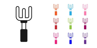 Siyah Bahçe tırmık simgesi beyaz arkaplanda izole edildi. Bahçecilik, tarım, çiftçilik aleti. Toprak işçisi. Temizlik ekipmanları. Simgeleri renklendirin. Vektör.