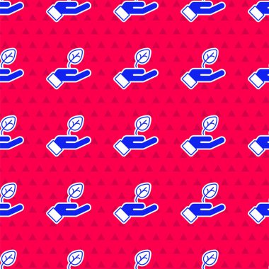 Çevre koruma ikonunun elindeki Mavi Santral mavi arkaplanı izole etti. Tohum ve tohum. Fidan dikiyorum. Ekoloji konsepti. Vektör.