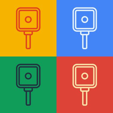 Pop sanat çizgisi kızartma tavası simgesi renk arkaplanında izole edildi. Kızartma veya kızartma gıda sembolü. Vektör.