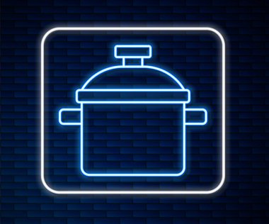 Parlayan neon hattı tuğla duvar arkasında izole edilmiş tencere ikonu. Haşlama ya da güveç besin sembolü. Vektör.