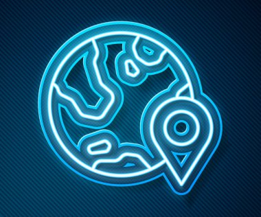 Mavi arkaplanda izole edilmiş dünya ikonundaki parlak neon çizgisi konumu. Dünya ya da Dünya işareti. Vektör.