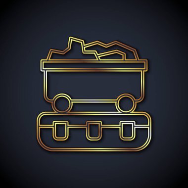 Altın çizgili Kömür Treni vagonu ikonu siyah arka planda izole edildi. Demiryolu taşımacılığı. Vektör.