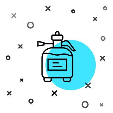 Su için siyah çizgi bahçe spreyi, gübre, beyaz arka planda izole edilmiş kimyasal ikon. Rastgele dinamik şekiller. Vektör.