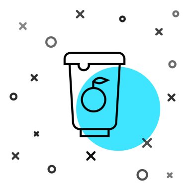 Beyaz arkaplanda siyah çizgi yoğurt kabı simgesi izole edildi. Plastik bardakta yoğurt. Rastgele dinamik şekiller. Vektör.