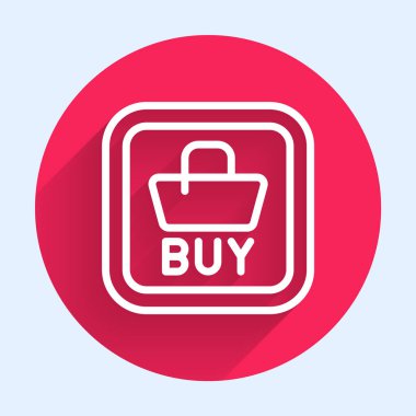 Beyaz çizgi Buy düğmesi simgesi uzun gölgeli izole edildi. Finansal ve borsa yatırım konsepti. Kırmızı daire düğmesi. Vektör.