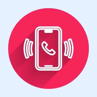 Beyaz Hat Telefon 24 saat boyunca izole edilmiş uzun gölgeli ikon. Tüm gün müşteri destek merkezi. Tam zamanlı çağrı servisi. Kırmızı daire düğmesi. Vektör.