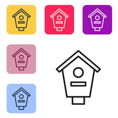 Beyaz arka planda siyah çizgi kuş evi simgesi izole edildi. Yuva kutusu kuş evi, kuşlar için ev yapımı bina. Renkli kare düğmelerle simgeleri ayarla. Vektör.