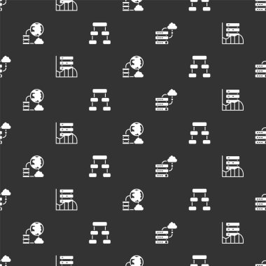 Ağ bulut bağlantısını, Sunucu, Veri, Web Sunuculuğu ve Hiyerarşi organizogramı şemasını sorunsuz bir şablon üzerine ayarla. Vektör