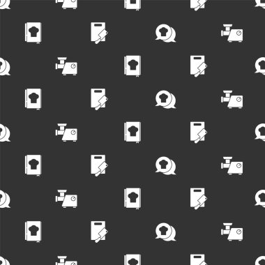 Şef şapkasını konuşma baloncuğuna, mutfak kıyma makinesine, yemek kitabına, kesme tahtasına ve helikoptere kusursuz bir şekilde yerleştir. Vektör