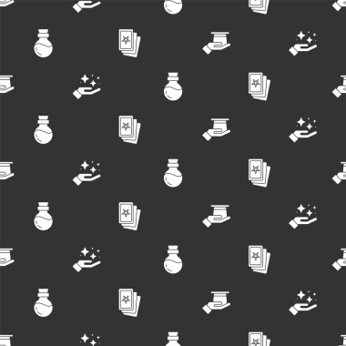 Sihirbaz şapkasını eline al, sihirli numaraları olan ışıldayan yıldızlar, şişe iksiri ve üç tarot kartını kusursuz desenli yap. Vektör