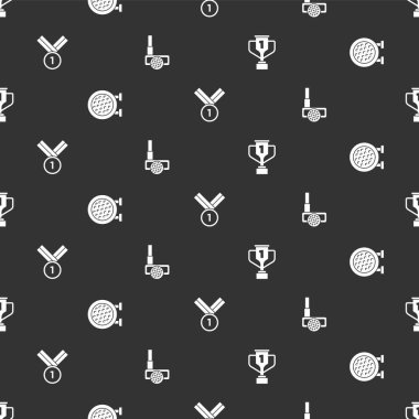 Ödül kupasını golf, golf kulübü, madalya ve top ile kusursuz desenli ayarla. Vektör