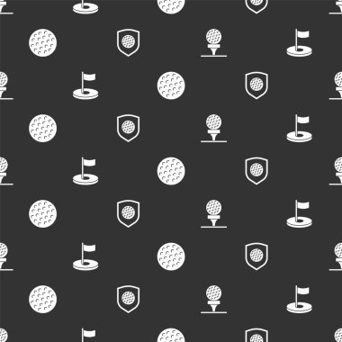 Golf topunu golf sahasına, deliği bayrağa ve kalkanı da dikişsiz desene ayarlayın. Vektör