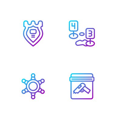 Silah dolu kanıt torbası, Hexagram şerifi, polis rozeti ve suç mahalli işareti. Renk simgeleri. Vektör