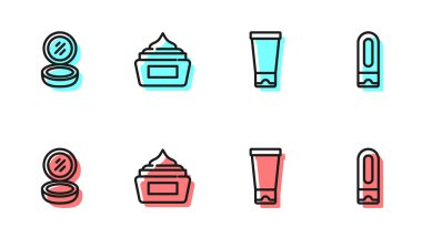 Krem ya da losyon kozmetik tüpü, aynalı makyaj tozu ve şampuan ikonu hazırla. Vektör