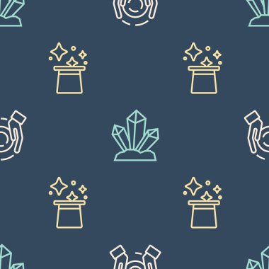 Elinde sihirli top, elinde şapka ve taşla pürüzsüz bir desen oluştur. Vektör