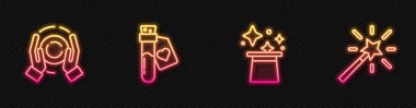 Sihirli şapka, elinde top, aşk iksiri ve değnekle şişe. Parlayan neon ikonu. Vektör