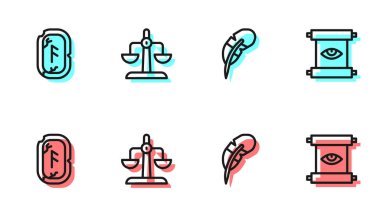 Tüy kalemi, sihirli rünler, Terazi burcu burcu ve Eskiler 'in sihirli parşömen simgesi. Vektör