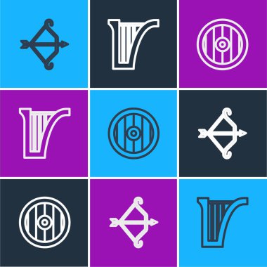 Orta Çağ yayını ok, Yunan kalkanı ve harp ikonu ile ayarla. Vektör