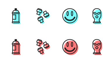 Gülen surat, boya spreyi kutusu, işaret kalemi eklentisi ve kar maskesi simgesi. Vektör