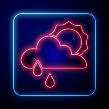 Siyah zemin üzerinde yağmur ve güneş ikonu olan parlayan neon bulutu. Yağmur damlaları ile yağmur bulutu yağışı. Vektör.