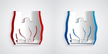 Kağıt kesiği Gri arka planda izole edilmiş plastik poşet poster ikonuna hayır de. Tek kullanımlık selofan ve politen paket yasaklama işareti. Kağıt sanatı tarzı. Vektör.