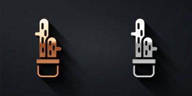 Altın ve gümüş kaktüs kaktüsü kaktüsleri siyah arka planda izole edilmiş. Tencerede yetişen bir bitki. Saksı bitkisi işareti. Uzun gölge tarzı. Vektör.