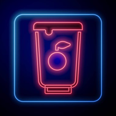 Parlayan neon Yoğurt kabı simgesi siyah arkaplanda izole edildi. Plastik bardakta yoğurt. Vektör.