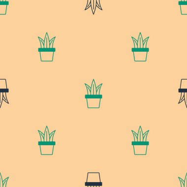 Esrar ikonundaki yeşil ve siyah bitki bej arkaplandaki pürüzsüz deseni izole etti. Tencerede yetişen bir bitki. Saksı bitkisi işareti. Vektör.