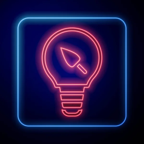Glödande Neon Glödlampa Med Blad Ikon Isolerad Svart Bakgrund Miljöenergikoncept — Stock vektor
