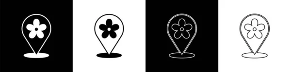 Set Location Flower Icon Isolated Black White Background Vector — Stock Vector