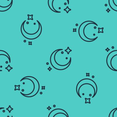 Siyah çizgi Ay ve yıldız ikonu yeşil arka planda izole edilmiş kusursuz desen. Vektör.