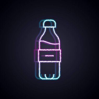 Parlayan neon hattı. Siyah arka planda izole edilmiş bir su ikonu şişesi. Soda su içme tabelası. Vektör.