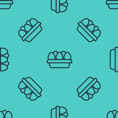 Kutu simgesindeki siyah çizgi tavuk yumurtası yeşil arka planda izole edilmiş pürüzsüz desen. Vektör.