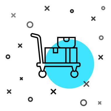 Siyah çizgili el arabası ve beyaz arka planda izole edilmiş kutular. Dolly sembolü. Rastgele dinamik şekiller. Vektör.