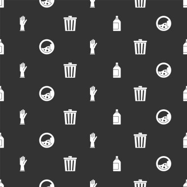 Şişe temizleyiciyi, çamaşır makinesini, lastik eldivenleri ve çöp tenekesini kusursuz desene ayarlayın. Vektör