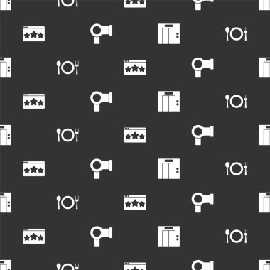 Kaldıraç, plaka, çatal ve bıçak, beş yıldızlı değerlendirme ve saç kurutma makinesini kusursuz desene ayarlayın. Vektör