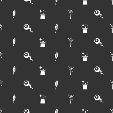 Sihirli değnek, göz, tüy ve şapkayı kusursuz desene ayarlayın. Vektör