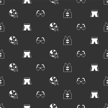 Can yeleği, kısa pantolon, uçan uçakla Globe ve kusursuz desenli kalp şeklinde aşk gözlükleri. Vektör