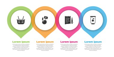 Alış veriş sepeti, etiketli süpermarket ürünleri, liste, kalem ve yoğurt kabı. Ticari bilgi şablonu. Vektör