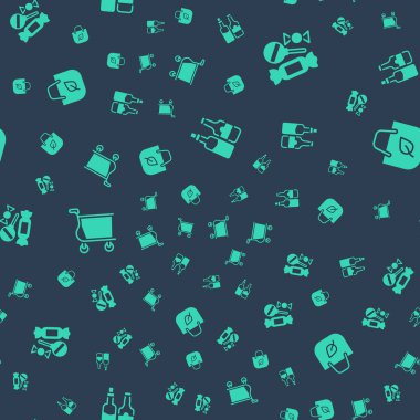 Viski şişesini, şekeri, alışveriş arabasını ve geri dönüşümlü poşeti dikişsiz olarak ayarla. Vektör