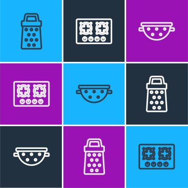 Grater, Kitchen süzgeci ve gaz sobası ikonunu ayarla. Vektör