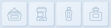 Krem ya da losyon kozmetik tüpü, bir şişe şampuan, terleme önleyici deodorant rulosu ve parfüm. Beyaz kare düğme. Vektör